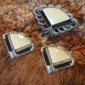 Art-Deco Set/3 Brooch & Earrings Enamel Marcasite